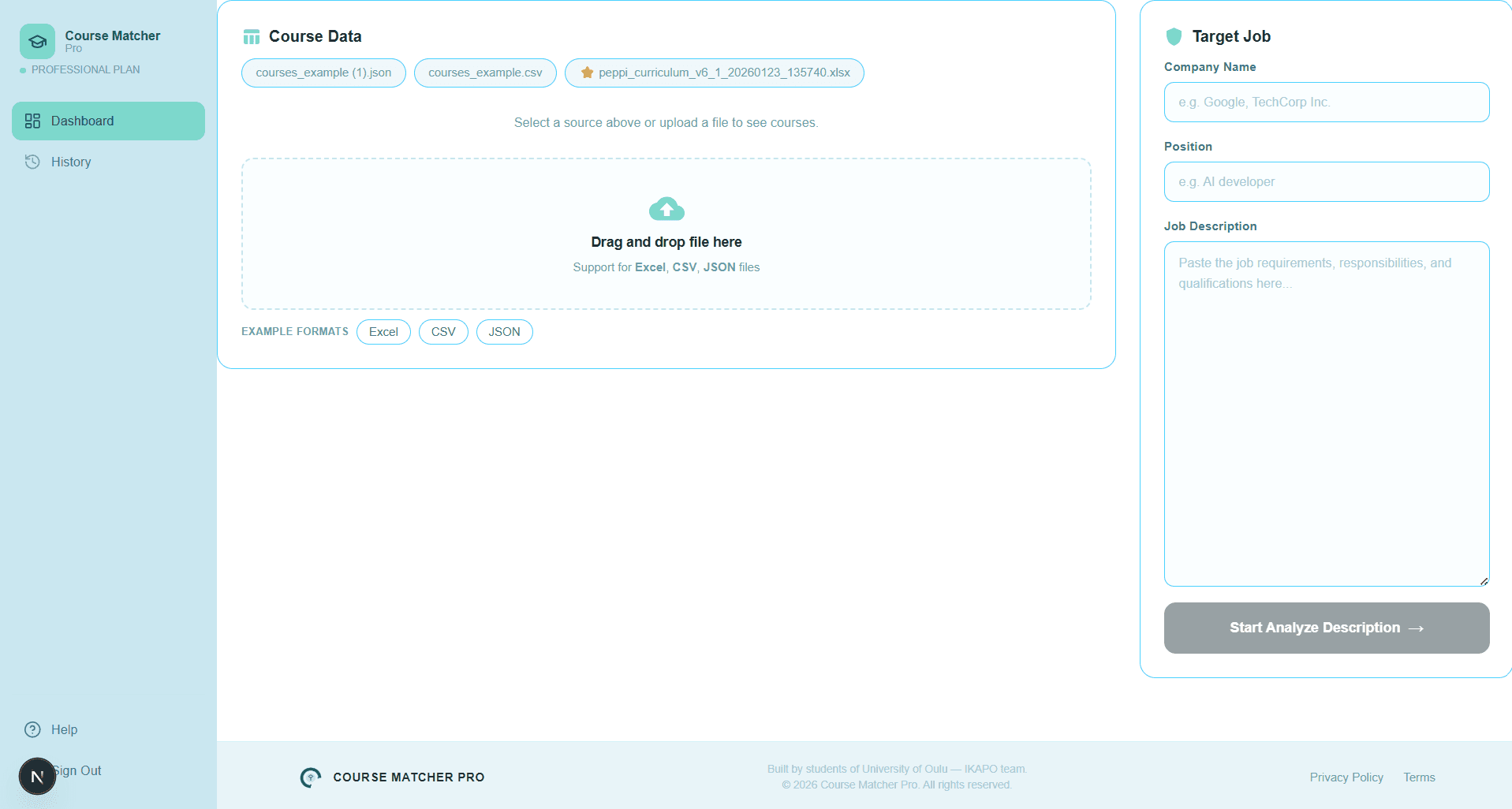 Course Matcher Pro dashboard interface